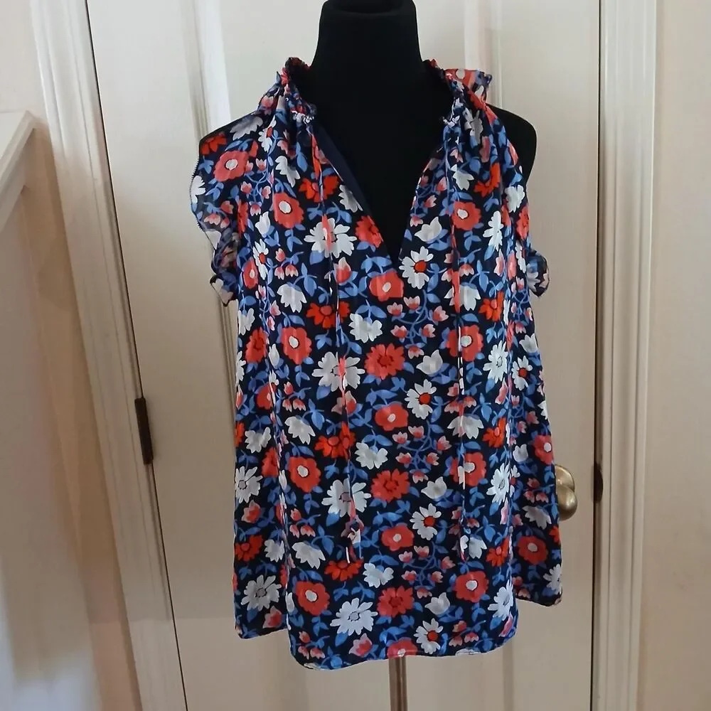 Kate Spade New York 100% Silk Ruffle Trim Tie Neck Floral Blouse S Preppy Luxury